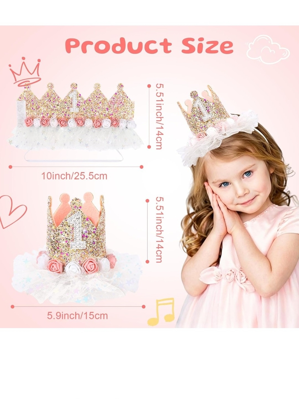 Glitter Pink First Birthday Princess Crown Headband - Picture 3 of 7